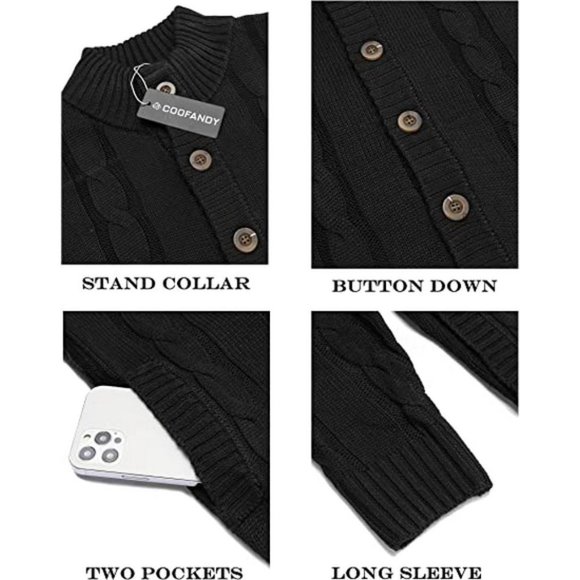 MEN'S Cardigan Sweater Slim Fit Stand Collar Cardigan Casual, Black - Picture 6 of 7
